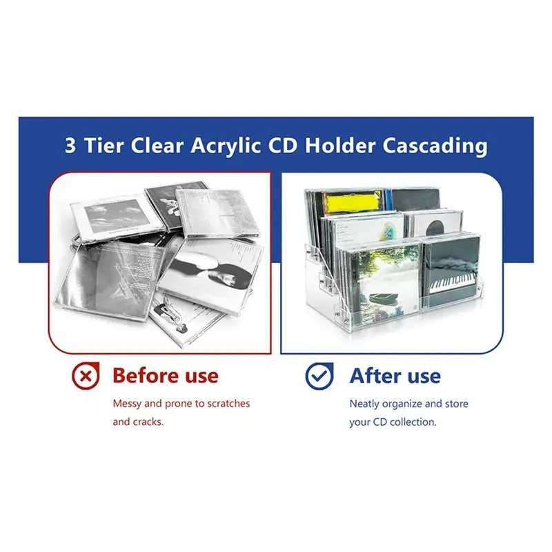 【특가】4단 투명 아크릴 CD 홀더 계단식 CD 보관 랙, DVD/CD 디스플레이 랙 및 비닐 레코드 보관 스탠드