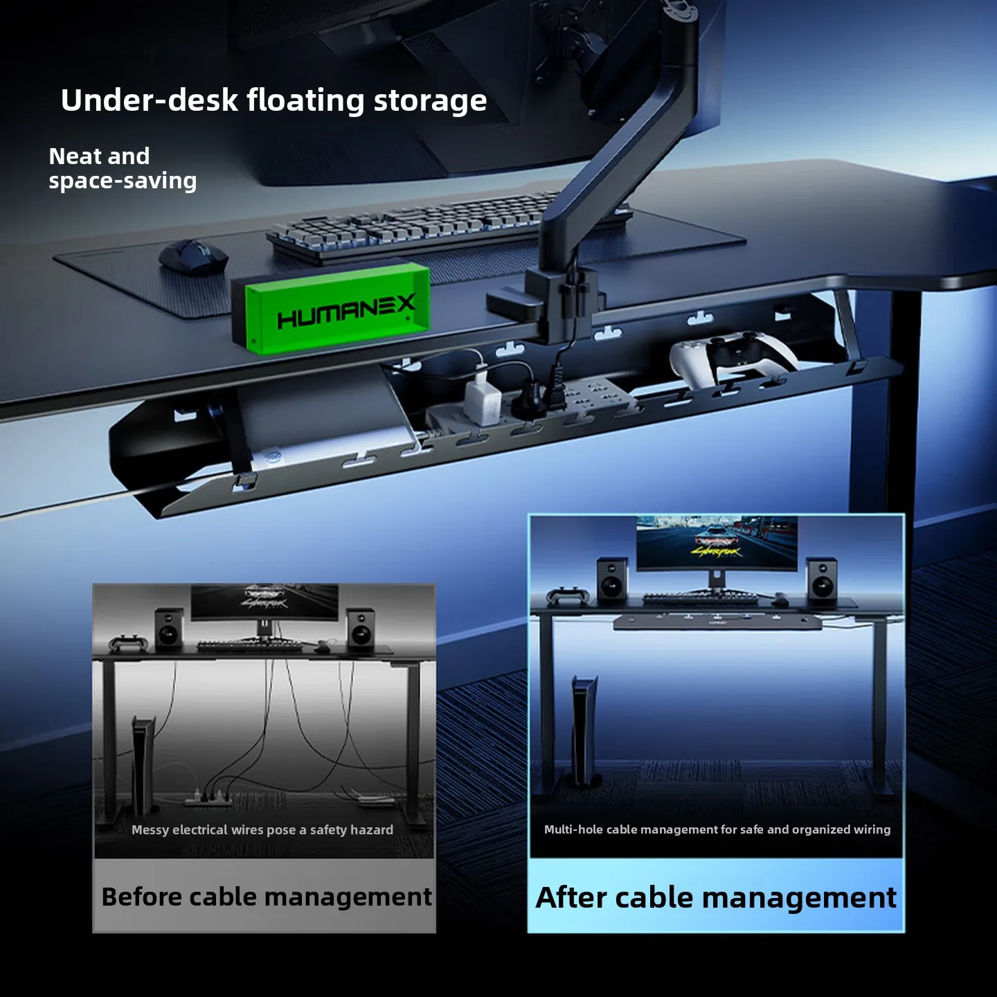 Under Desk Cable Tray Extra Long Sheet Metal Wire Organizer with High Capacity Concealed Power Strip Storage for Standing Desks