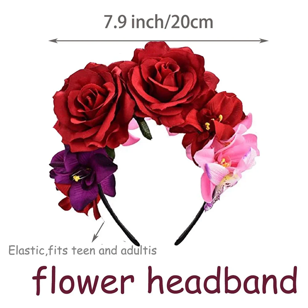 Mexikanischer Tag der Toten Rotes Rosen-Blumen-Stirnband, Künstliches Blumen-Haaraccessoire für Halloween, Katrina Cosplay Kopfreif – Detail 3