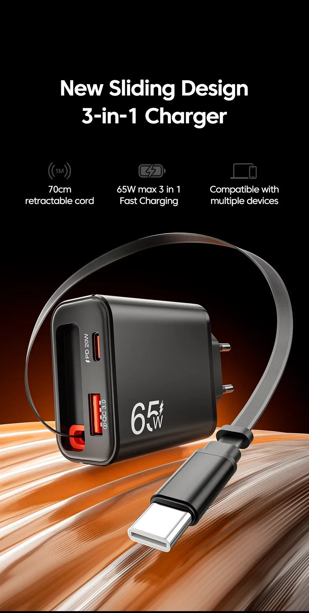 65W USB-C-Handy-Ladegerät mit einziehbarem Superschnellladekabel Typ-C für iPhone 17 16 15 Samsung POCO Xiaomi EU/US/UK-Stecker – Detail 2