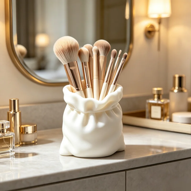 Matte White Fabric Bag-Style Makeup Brush Storage Cup, French Light Luxury Pleated Texture Bag Design, Makeup Brush Holder, Dressing Table Makeup Brush Container, Nordic Style Desktop Beauty Tool Storage Box, Multifunctional Bathroom Organizer, Pen Holder, High Aesthetic Value, Creative Gift for Women, Bedroom Home Decor Item
