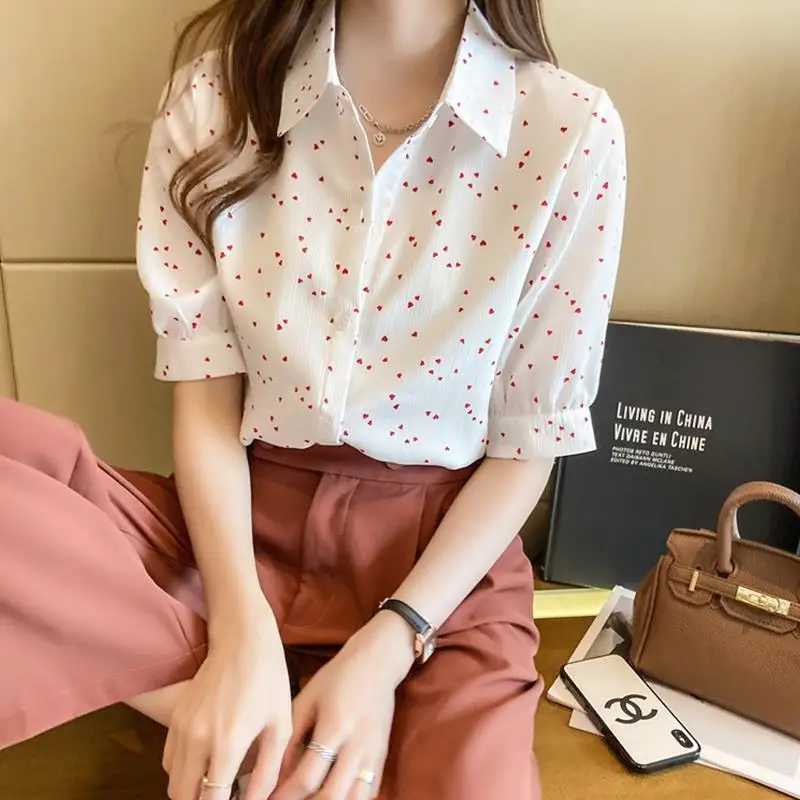 Summer Woman Clothes Chic French Romantic Style Sweet Heart Floral Elegant Polo-neck Youth Bright Lively Office Lady Fashionable