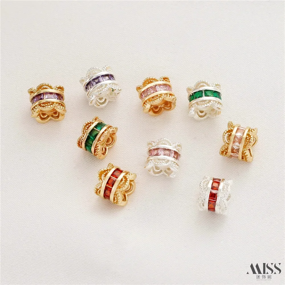 

14K Gold Package with Ladder Square Zircon Hollow Lace Large Hole Bucket Bead DIY Double Head Flower Tray Jewelry Accessories