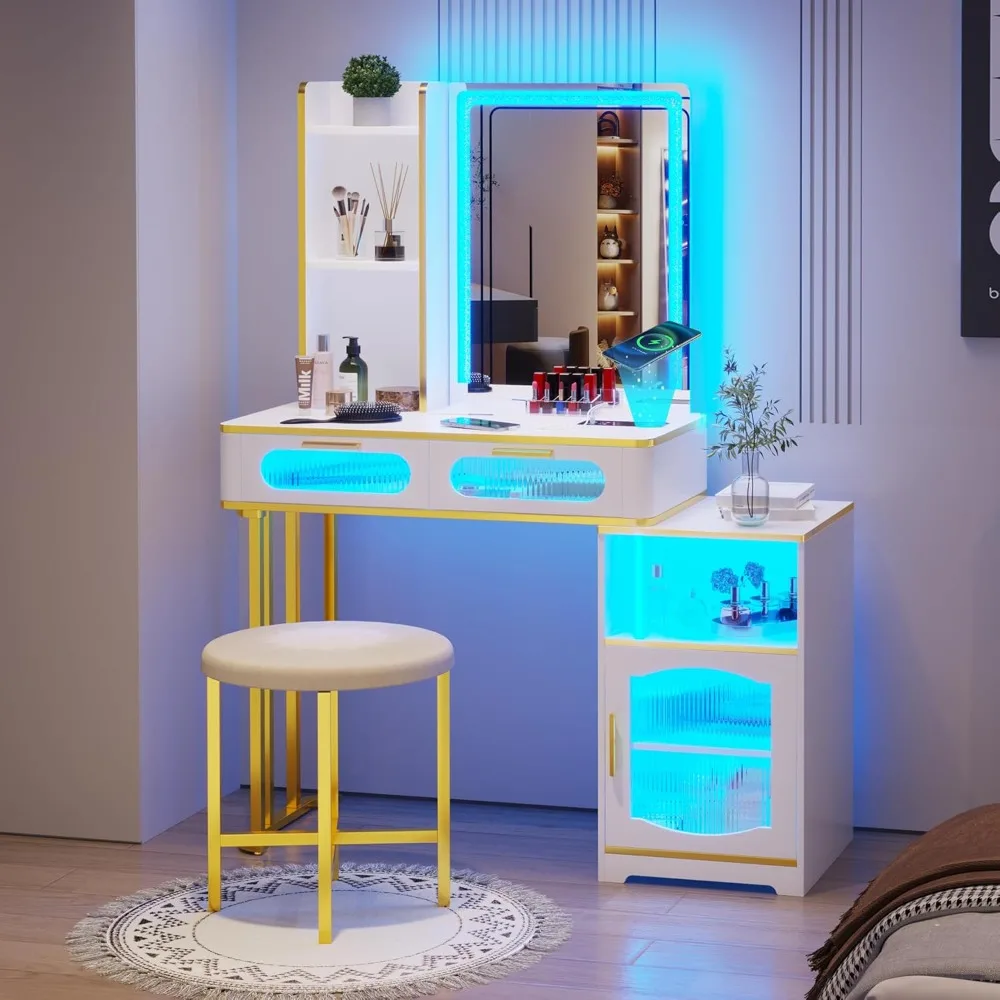 Vanity Desk with Mirror and Lights, Makeup Vanity with Voice Activation & Wireless Charging, Dressing Table with Lighting Mirror