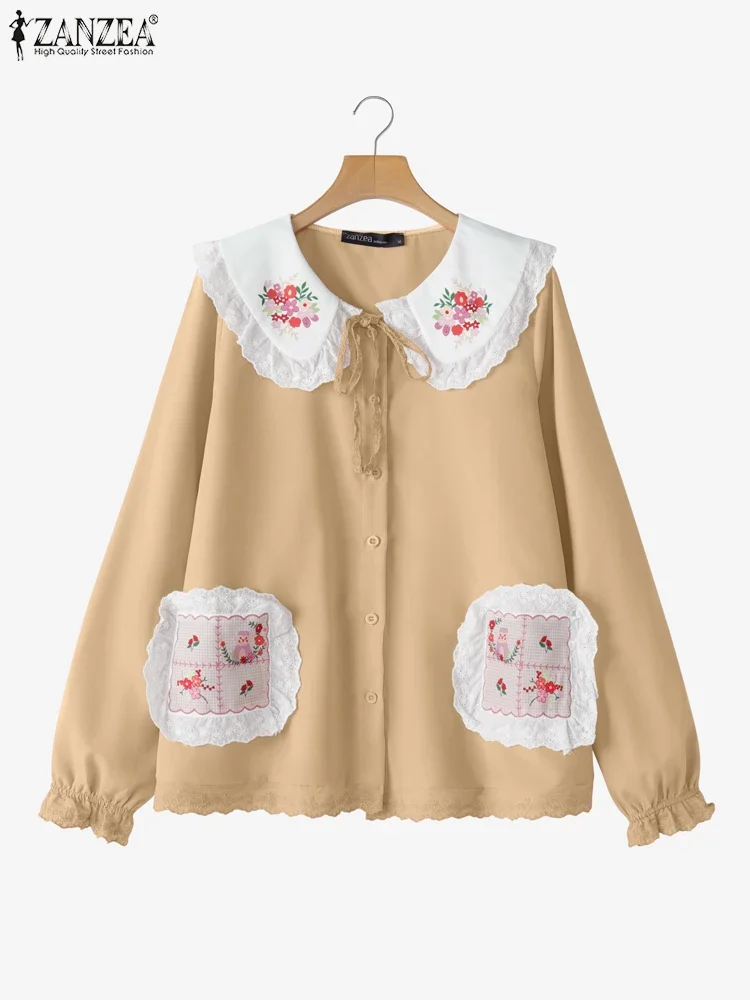 

ZANZEA 2025 Women Fashion Doll Collar Shirts Sweety Floral Printed Tops Korean Ruffled Hem Tops Casual Lace Stitching Blusas