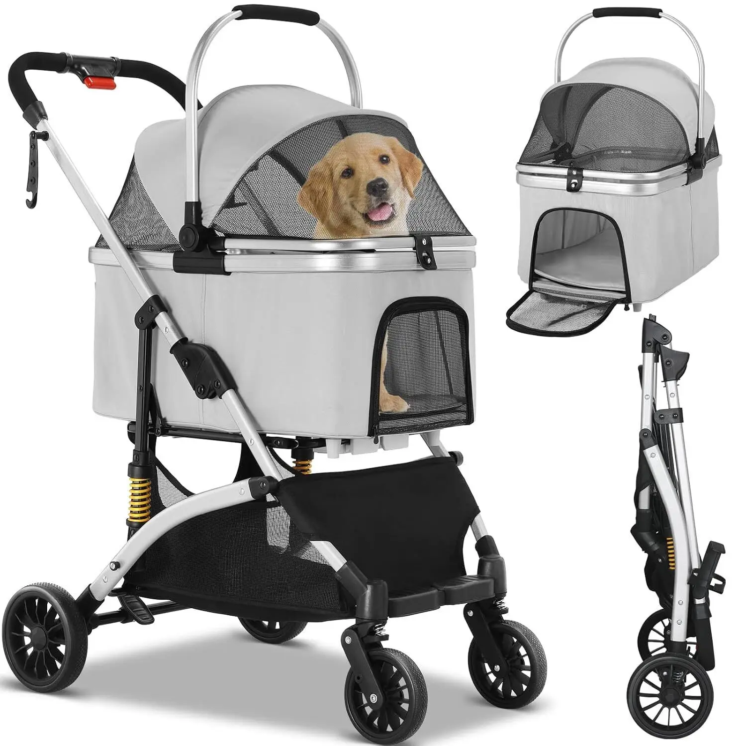 Kinderwagen voor honden en katten, afneembare reistas en autostoeltje voor huisdieren, aluminium frame 4-wieler reiskinderwagen voor huisdieren