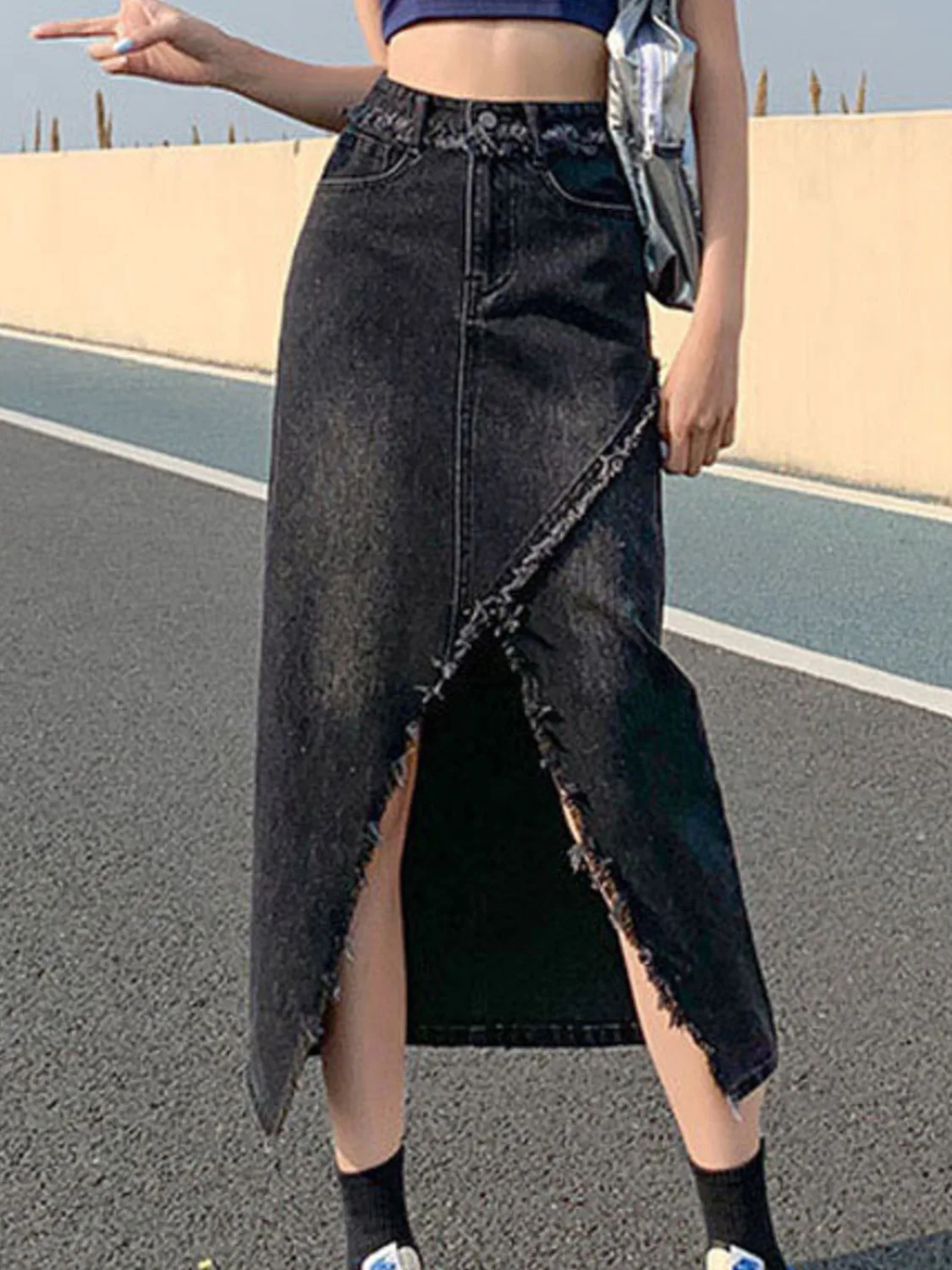 Women's High Waist Denim Skirt A-Line Midi Skirt High Slit Raw Hem Distressed Vintage Jean Skort Y2K Streetwear view 5