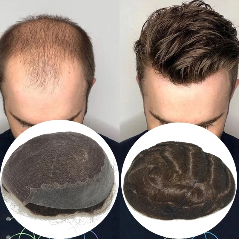 Natural Hairline Breathable Q6 Lace & Pu Men's Wigs Human Hair Swiss Lace Toupee Bleached Knot Hair System Capillary prosthetics