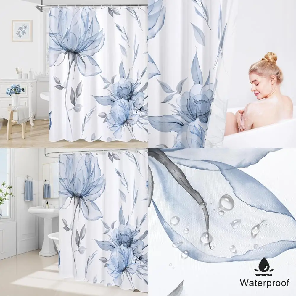 

Сине-серая занавеска для душа в стиле бохо с акварельными цветами, занавеска для душа в стиле тушью с цветами и листьями для шикарной элегантной ванной комнаты