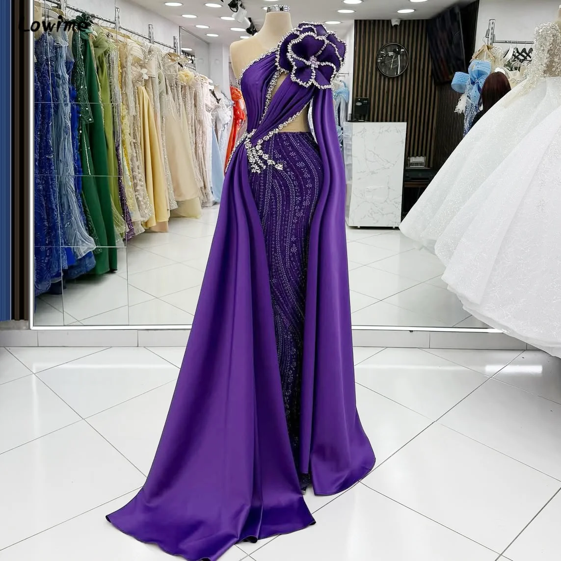 2025 الأرجواني الأزهار ثوب مسائي خارج على الكتف كريستال حورية البحر فستان قطار كوكتيل فستان حفلة موسيقية فستان للتخصيص #1