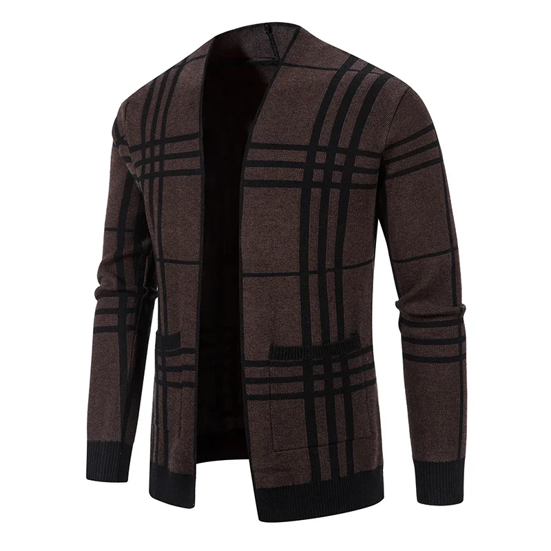 

New Men's Comfortable Cardigan Horizontal and Vertical Stripes with Pocket Knitwear Fashion Casual Sweater