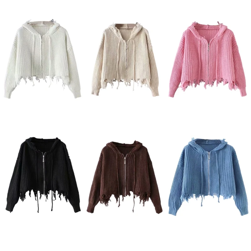 Casual Loose Crewneck Sweater Soft and Cozy Women\'s Hooded Tassel Cardigan Zippered Sweater Knitted Jacket