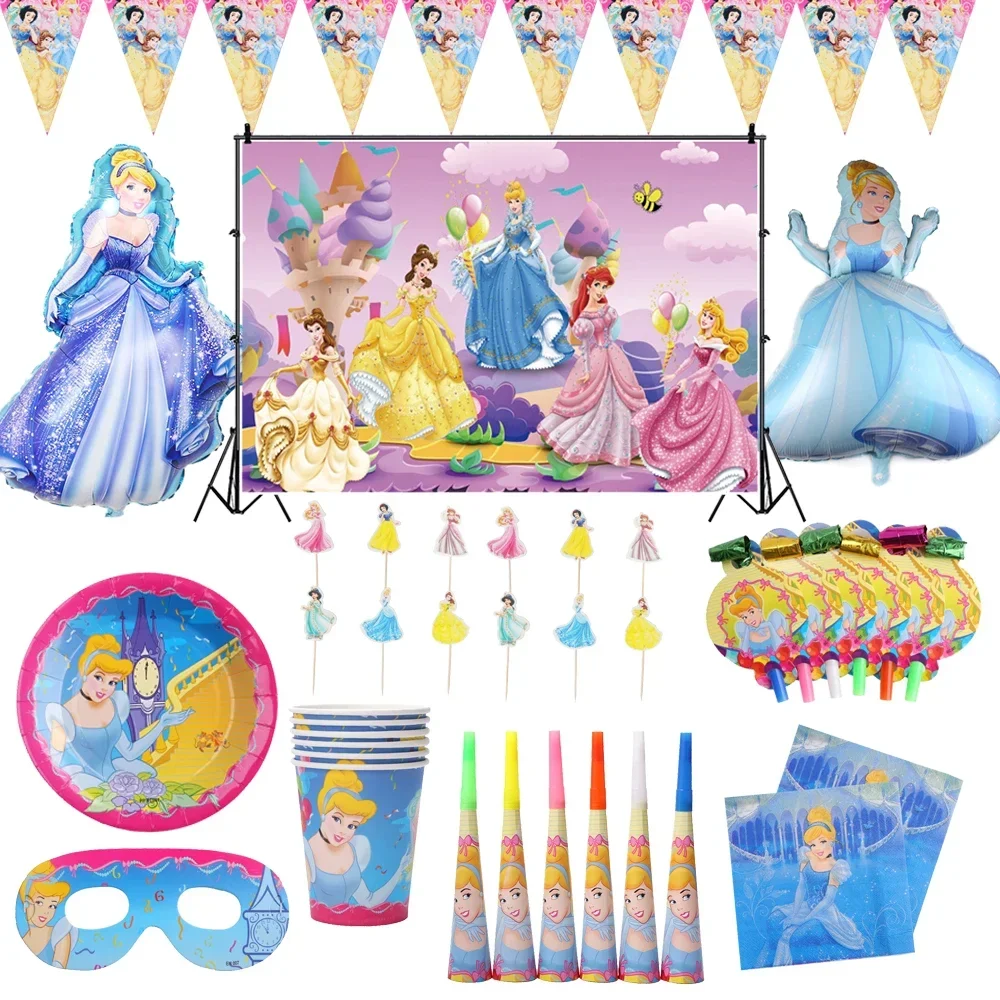 

MINISO Cinderella Theme Party Supplies Girls Birthday Decoration Tableware Set Paper Cup Plate Tablecloth Balloon Baby Shower