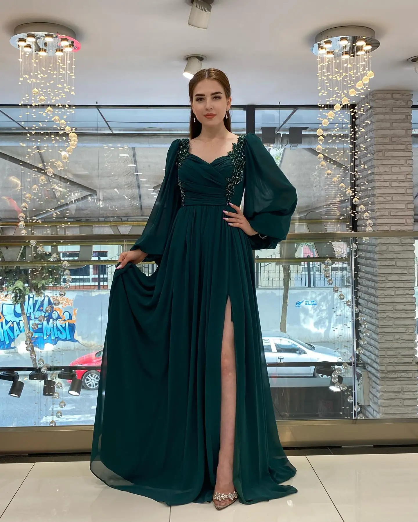 Carolina Elegant Sweetheart Chiffon Evening Dresses Beading Puffy Sleeves High Split Open Back Robe De Mariée Party Gown Women