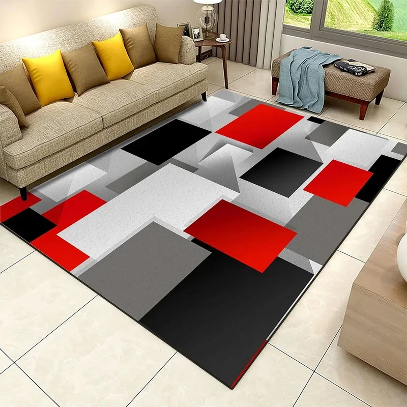 VIKAMA Modern Red Black Grey Geometric Square Area Rug Non-Slip Washable Soft Floor Carpet for Living Room Bedroom