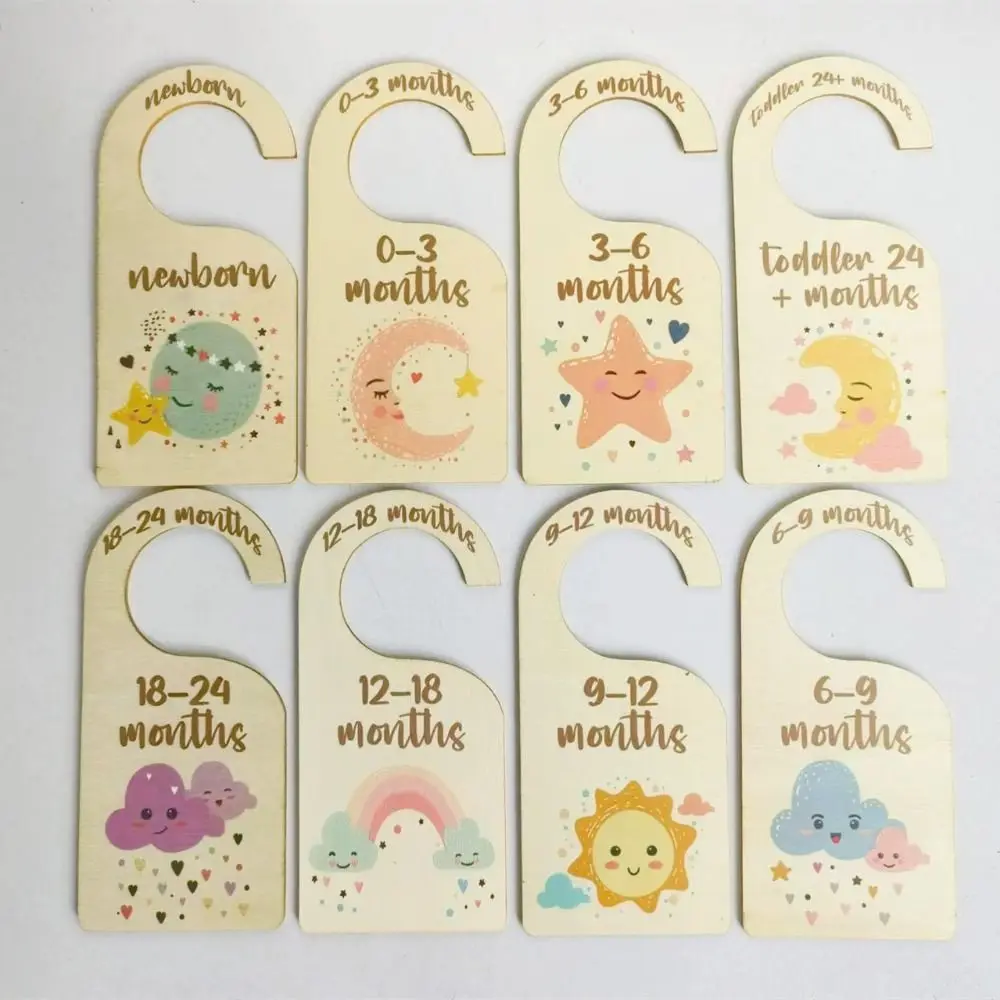 7/8Pcs Wood Baby Closet Divider Label Assortment Cartoon Infant Wardrobe Divider Adorable Hangers Nursery Clothes Organizers