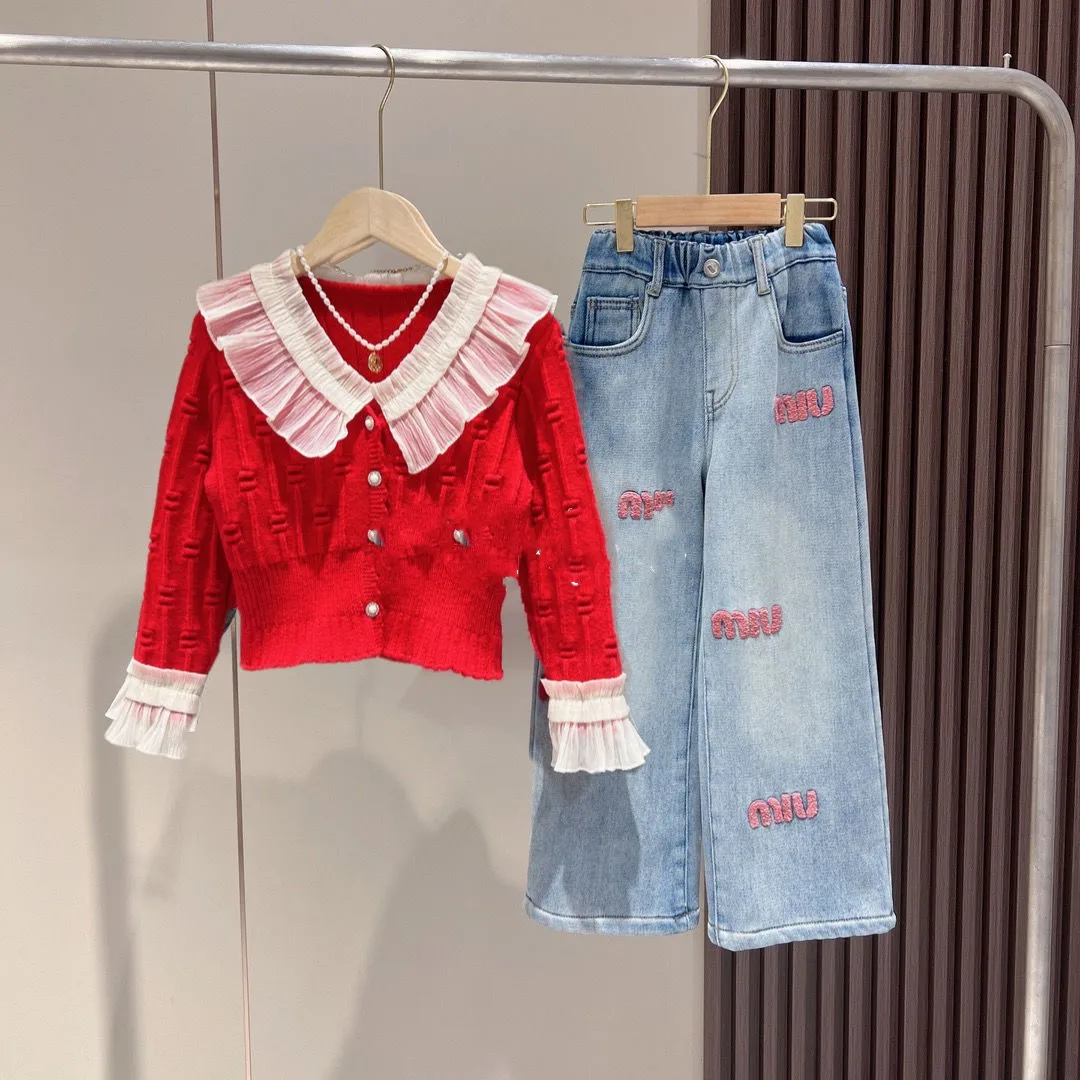 

4-13Y Girls' Clothing Set Spring and Autumn Children's Knitted Sweater Cardigan Jeans 2PCS Girls' Wide Leg Pants