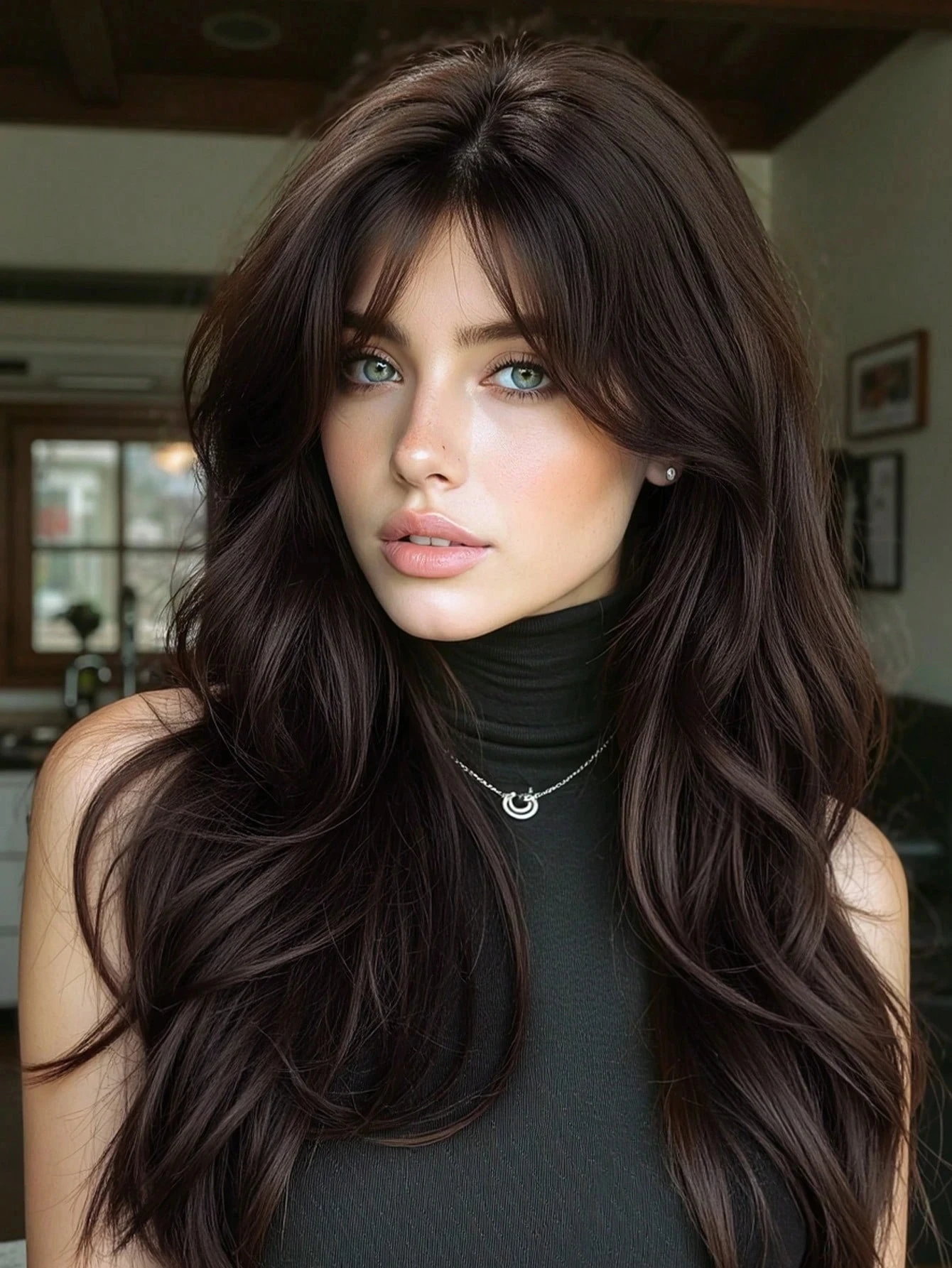 Black-Brown Synthetic Wig with Bangs, Dark Brown Long Wavy Layered Wig, Suitable for Women's Daily Wear, Parties, Cosplay Wig 20inch , Suitable for Daily Wear, Festivals, Travel Parties, Cosplay Wear