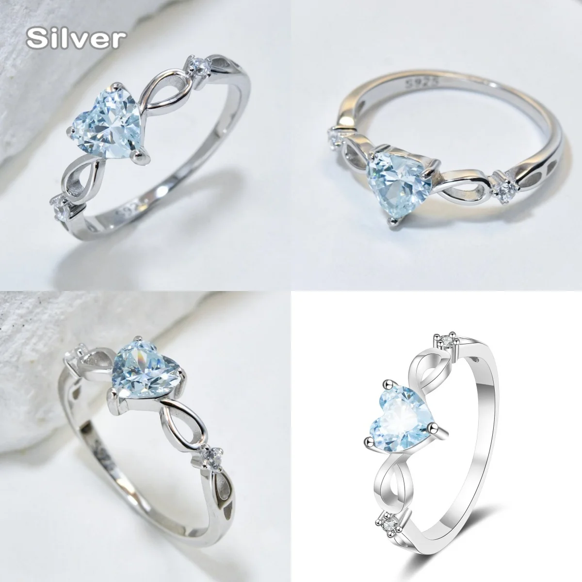 

2024 European and American new 100% S925 pure silver natural sea blue heart ring fashionable and simple women's gemstone ring