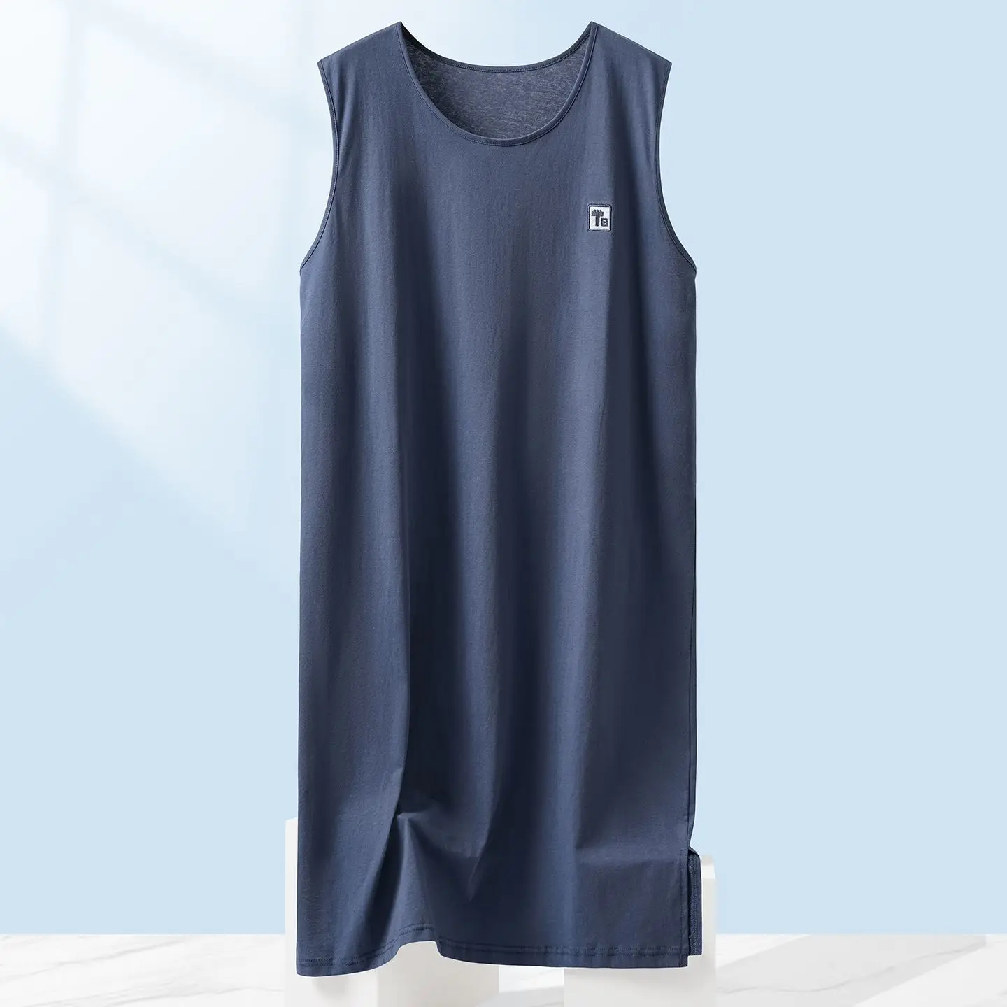 Summer Men Mid Length Nightgown 100% Cotton Sleeveless Vest Plus Size Loose Jumpsuit Soft Comfortable Home Casual Wear
