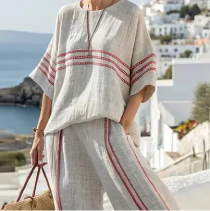 Summer Casual Half Sleeve Women Spring Autumn Set O-neck Wide Leg Pants Simple Fashion Outfit New Ladies Beach Vacation Suits