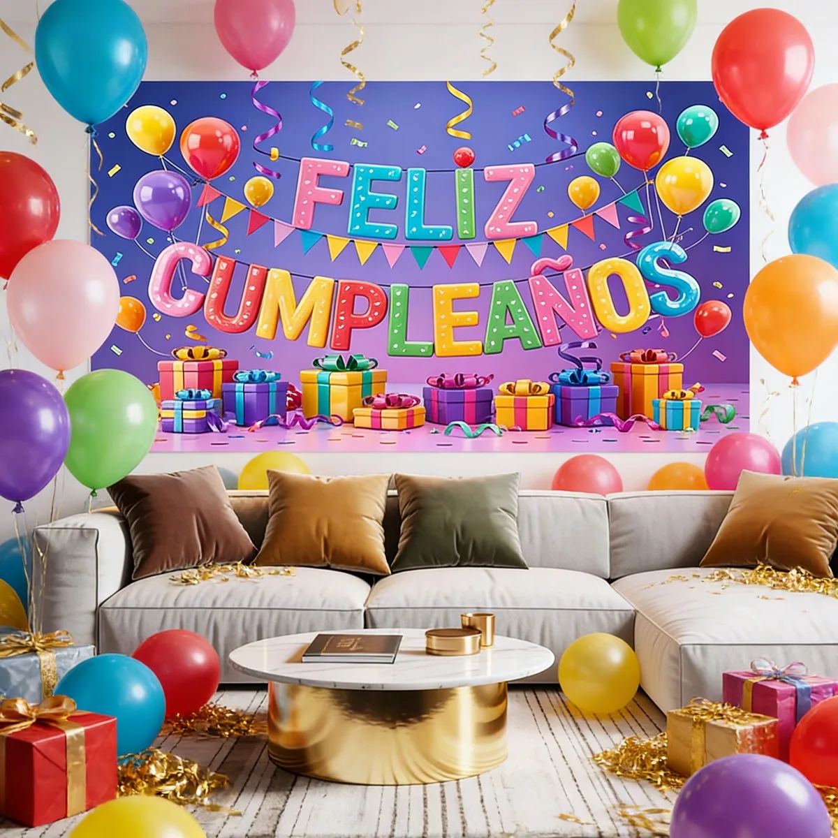 

2D FLAT 1pc Feliz Spanish Birthday Tapestries - Multiple Sizes Polyester Party Decor with Vibrant Balloons, Confetti & Gift Box