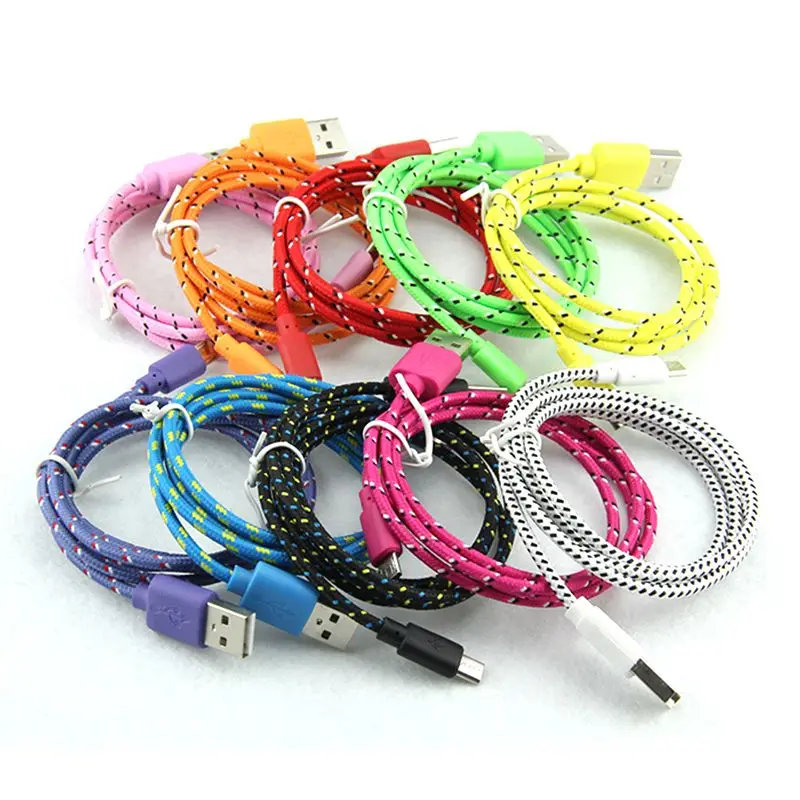 

100pcs Wholesale 1M 2M 3M Fabric Nylon Braided Micro USB Cable for Samsung HTC Huawei Microusb Phone Cord