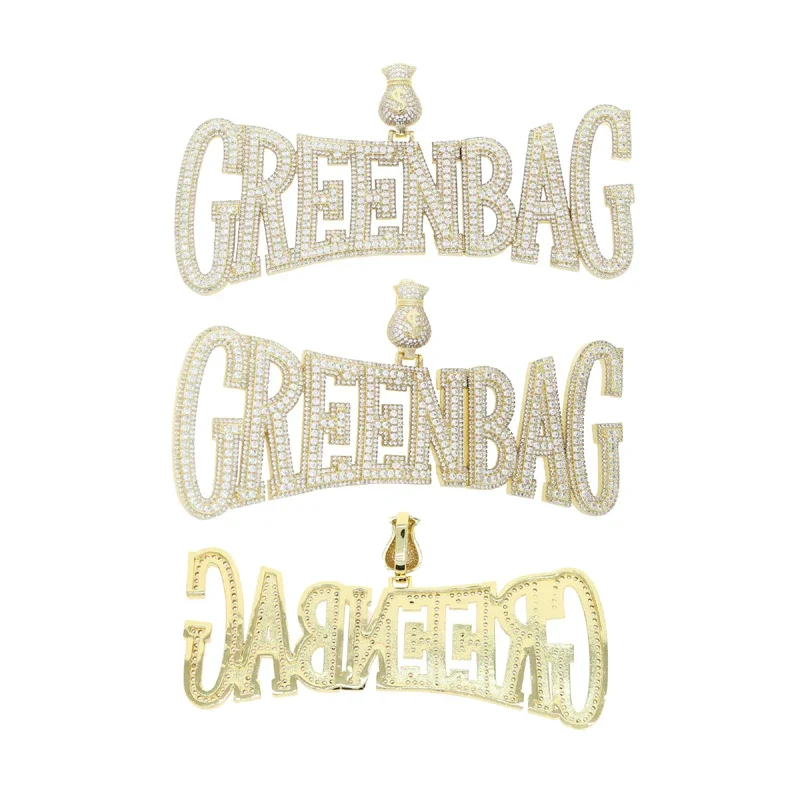 2026 NEW Extra Big Hip Hop Men Jewelry MoneyBag Bail Full Paved 5A CZ Iced Out Bling Letter Green Bag Pendant Necklace