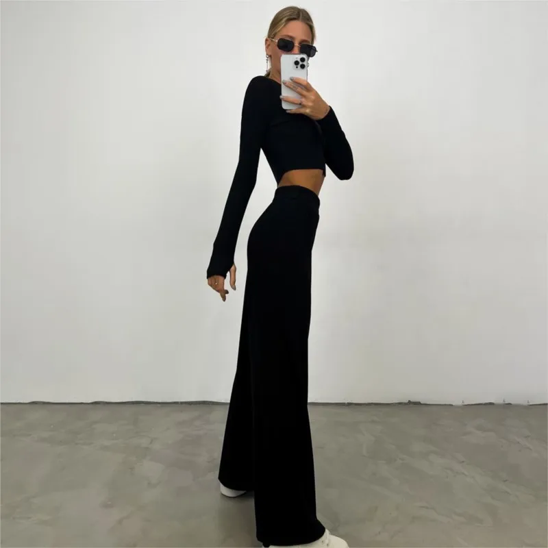 Spring Autumn Women's Casual 2-Piece New Solid Color Style Ribbed Long Sleeve Short Top + Long Pants Fashion Set Костюм Женский