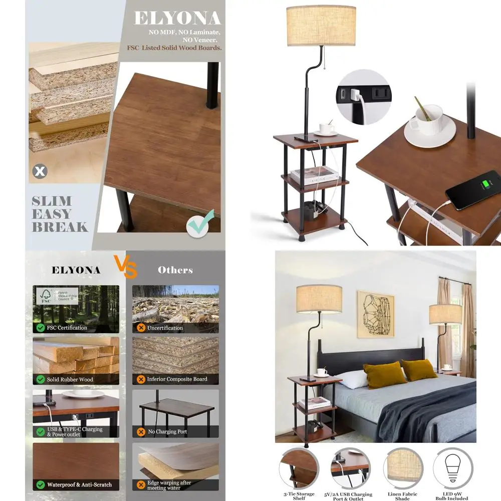 

Rustic Wooden Floor Lamp with Table, USB & Type-C Ports, 3-Tier Shelf, LED Bulb Included