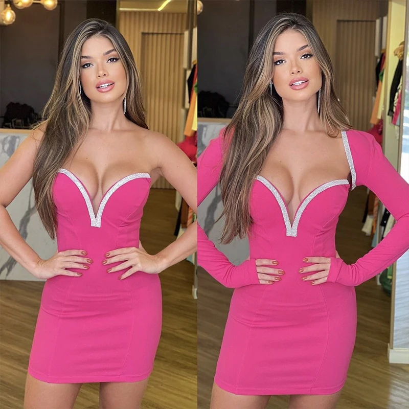 Wholesale women\'s 2023 Wear Multi-Color Rhinestone Long Sleeve Bandage Top&Strapless Dress Sexy Celebrity Two Piece Suit