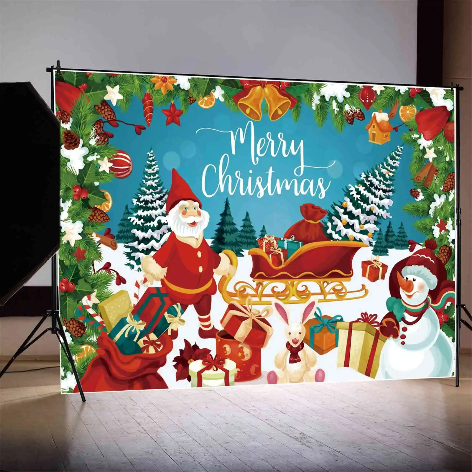 MOON.QG Backdrop Merry Christmas Father Sleigh Gift Bag Kid Party Banner Background Snowman Rabbit Snow Ground Decor Photo Booth