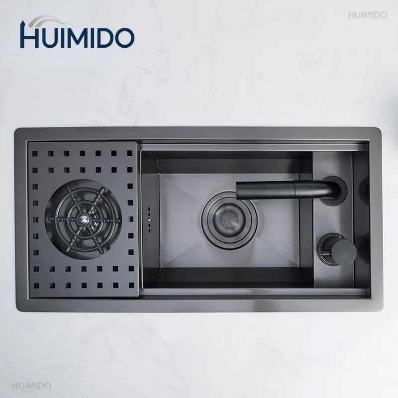 Steel Single-Bowl Kitchen Sink with Hidden Cup Washer and Narrow Basin