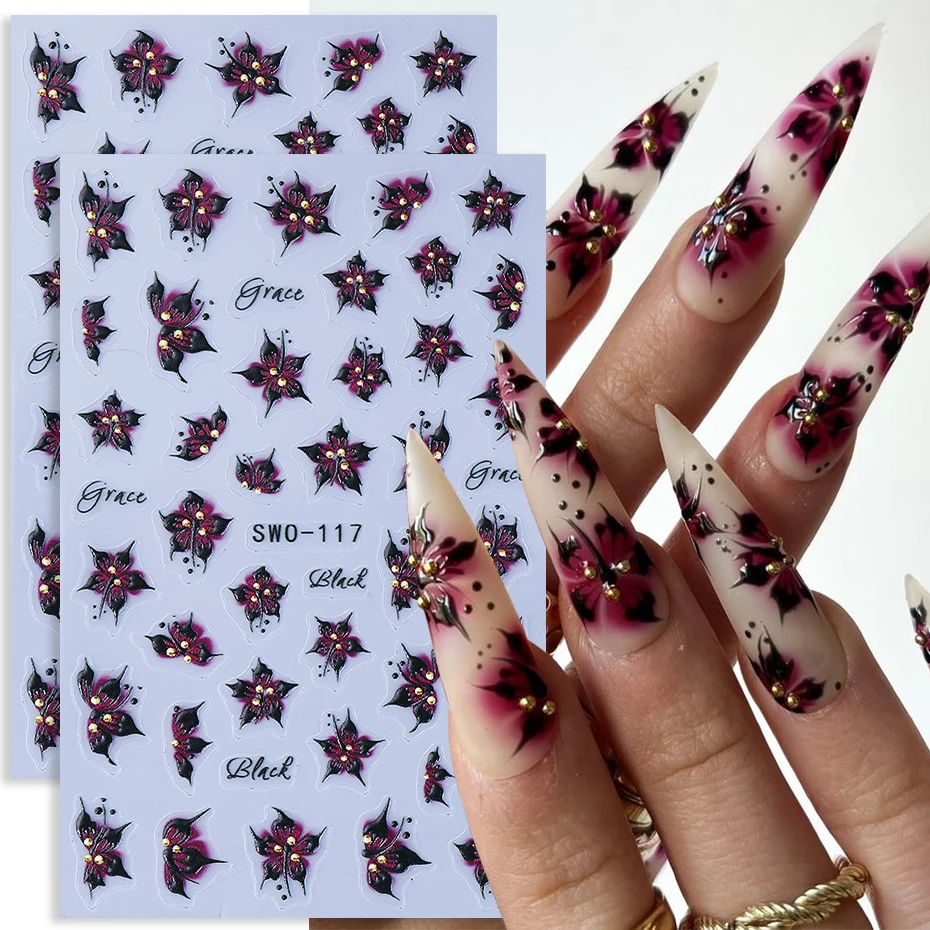 

2 шт., наклейки для ногтей с цветком гибискуса, синие, черные лепестки, цветочные лилии, текстурированные наклейки-слайдеры, элегантный декор, аксессуары для маникюра «сделай сам»