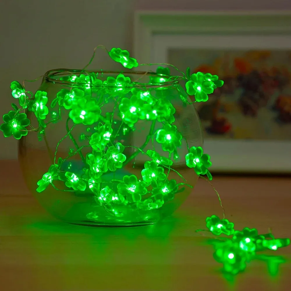 Battery Powered Clover String Lights Green LED Decorative Lamp for Indoor Home Party Holiday Decor