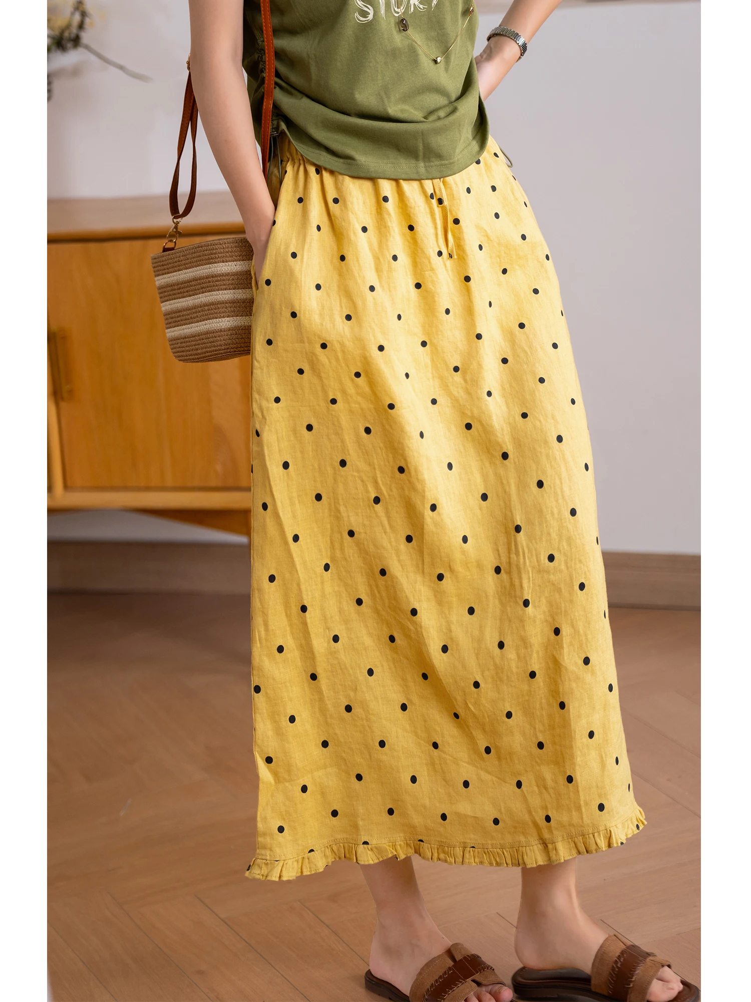 Linen Polka Dot Skirt Elastic Waist Half-length Gored Skirt Women's Skin-friendly Breathable Drawstring Loose Fit Summer