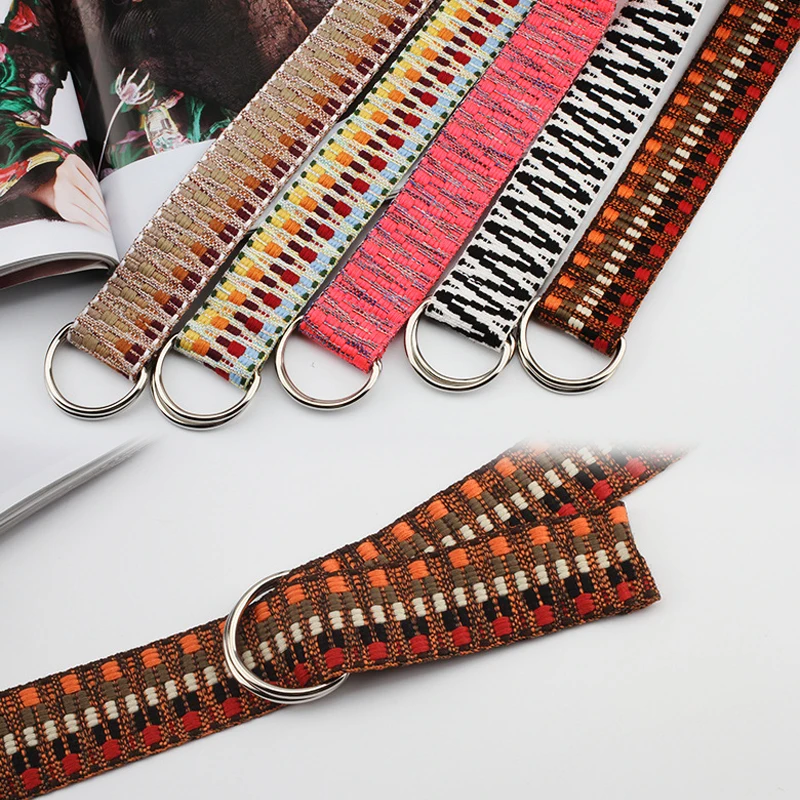 Women Men Versatile Casual Ethnic Style Double Ring Buckle Waistband Weave Waist Band Canvas Strap Nylon Braided Belt