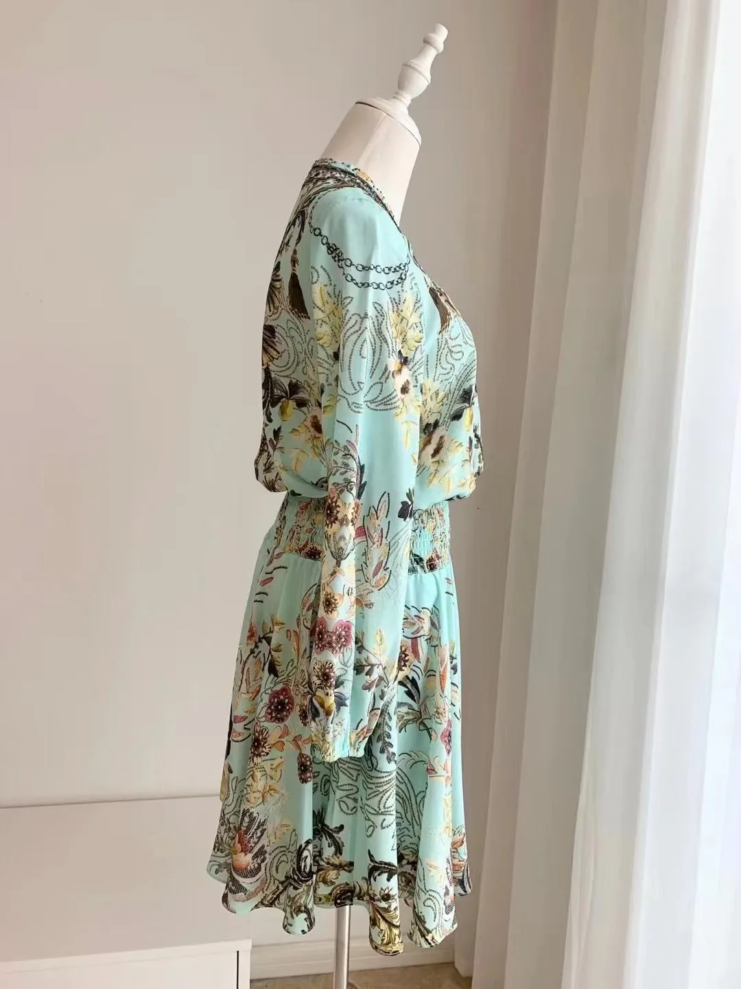 Women Beaded Dress Floral Print Lace-up V-Neck Elastic Waist Long Sleeve Vintage 100% Silk Mini Robe