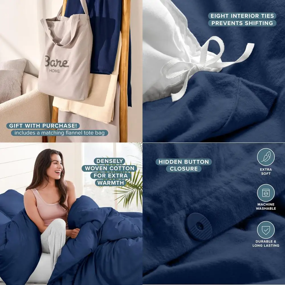 

Queen Size Cotton Flannel Duvet Cover Set - Luxurious Heavyweight, Double Brushed, Dark Blue with Pillow Shams