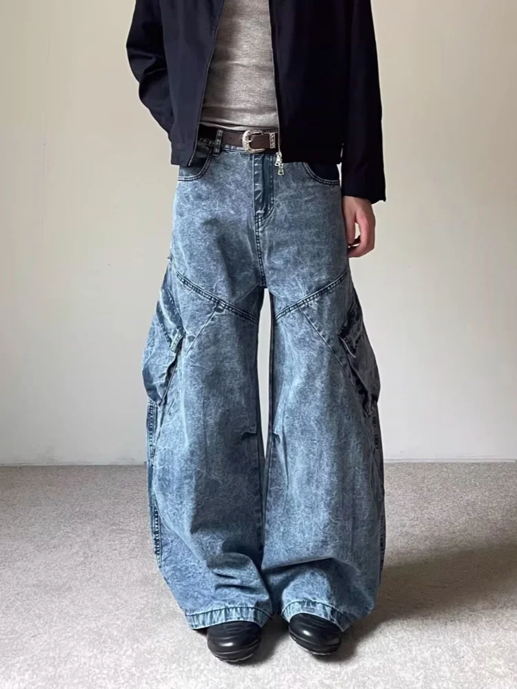 

2026 American Retro Y2K Style Washed Blue Baggy Cargo Jeans Pants For Men Clothing Wide Leg New Rock Distressed Denim Trousers