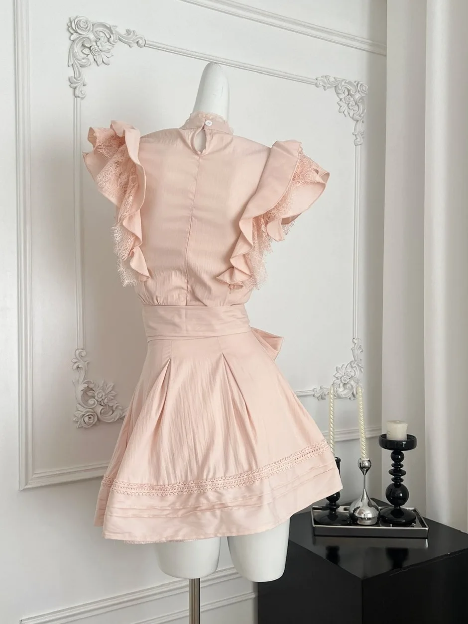 

Милый летний женский модный кружевной топ Fly Sve с застежкой на талии и юбкой с поясом, дизайнерская футболка Sense, объемная блузка