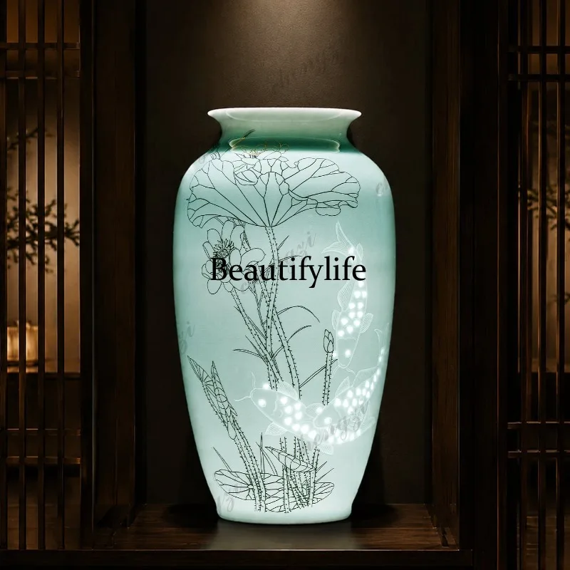 Jingdezhen ceramics hand-painted exquisite vase ornament living room flower arrangement entrance new Chinese style
