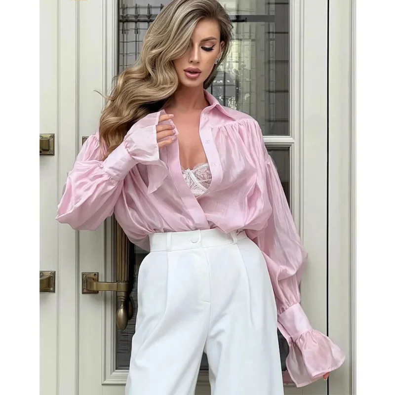 

Fashion Loose Pink Office Women's Blouse 2024 Lapel Lantern Long Sleeve See-Through Shirt Casual Classic Solid Top Lady Clothing