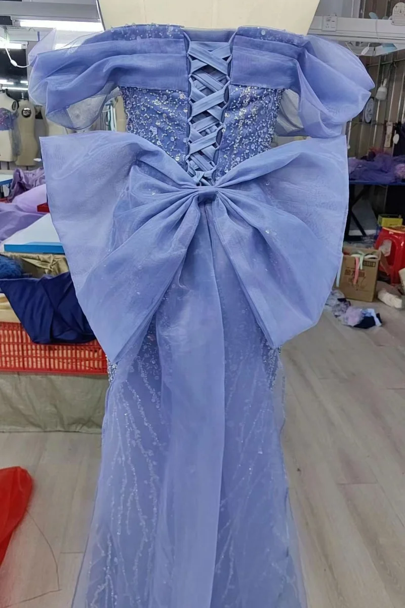 Vestidos de Noche de sirena de lujo con lentejuelas, Bodycon de tren de barrido con lazo azul, vestido de novia con cuentas, vestido de graduación, vestido de Gala de regreso a casa Maxi