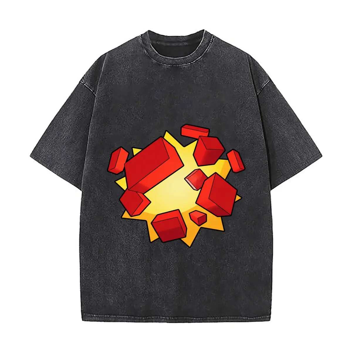 Red Geometric Blocks Exploding Over Yellow Starburst Graphic Washed Short Sleeve Loose Streetwear Tee Hip Hop