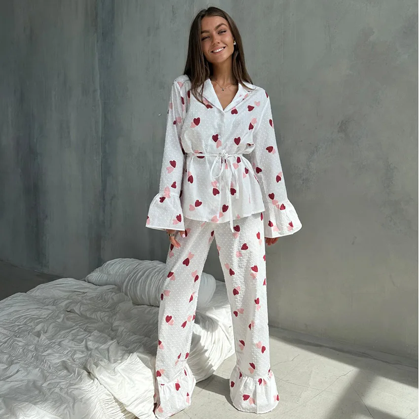 Pajamas Set 2024 Cotton Heart Printed Breathable Comfortable Long Sleeve Long Pants Women's Loungewear Sleepwear Robe
