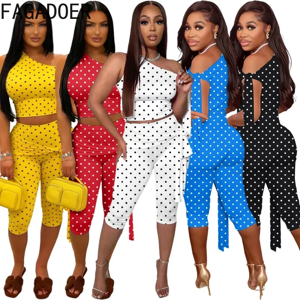 

FAGADOER Sexy Polka Dot Print 2 Pieces Set for Woman Off Showlder Backless Crop Top and Pants Matching Female Streetwear New