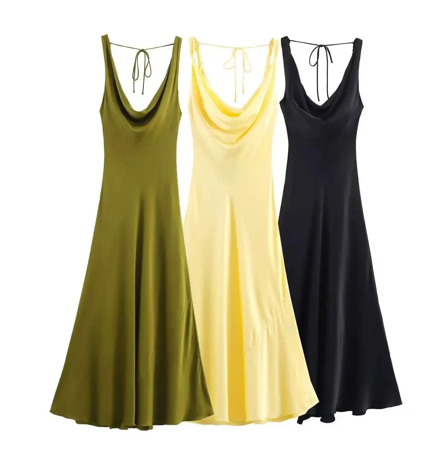 女性用シルクサテンブラックドレス - エレガントなスリムフィットエンパイアウエスト足首丈ガウン、ノースリーブレディライクスタイル新着