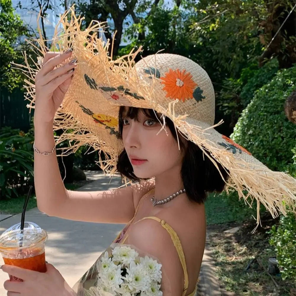 

Удобная в носке шляпа в стиле бохо из рафии с широкими полями, складная, плетеная, ажурная, в корейском стиле, рыбацкая шляпа для путешествий
