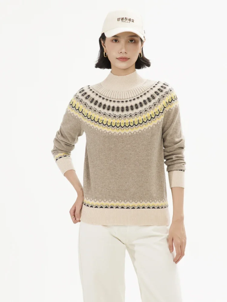 Vintage Autumn Winter Women Mock Neck 100% Cashmere Pullover Sweater Knitwear Soft Warm Jacquard Fair Isle Basic Inside Join Top